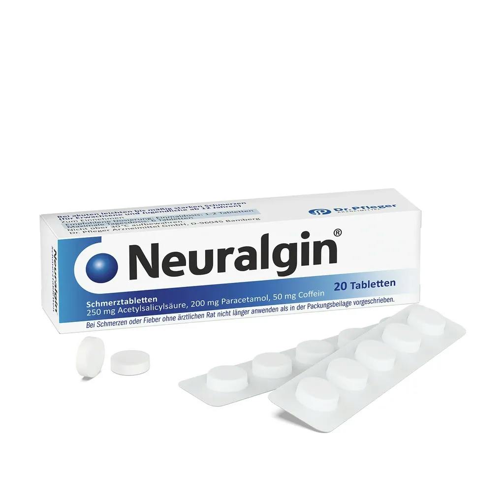 Vorderseite der Packung von Neuralgin: Bei leichten bis mäßig starken Schmerzen, wie Kopfschmerzen, Zahnschmerzen, Regelschmerzen und Fieber